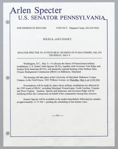 Senator Specter to attend BRAC hearing in Baltimore, Maryland, on Thursday, May 4