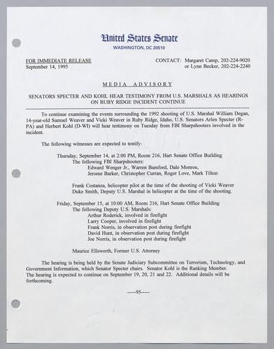 Senators Specter and Kohl hear testimony from U.S. Marshals as hearings on Ruby Ridge incident continue