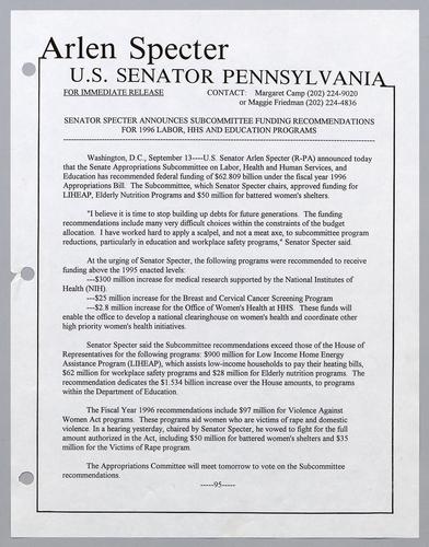 Senator Specter announces subcommittee funding recommendations for 1996 labor, HHS, and education programs