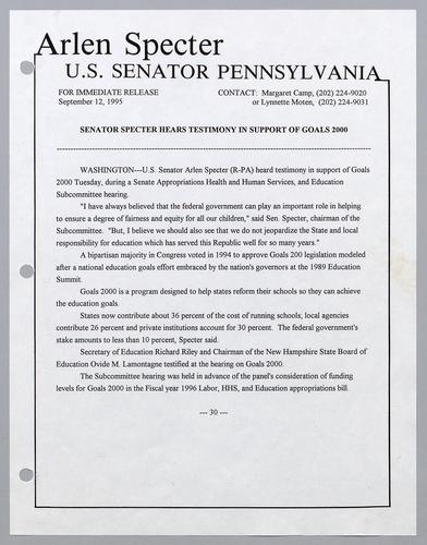 Senator Specter hears testimony in support of Goals 2000
