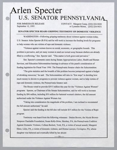 Senator Specter hears gripping testimony on domestic violence