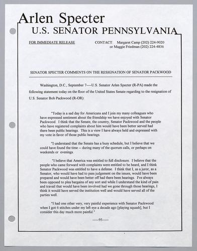 Senator Specter comments on the resignation of Senator Packwood