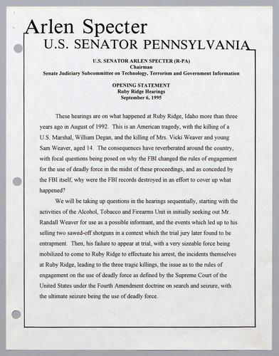 Opening statement for Ruby Ridge hearings