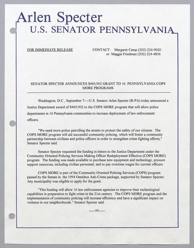 Senator Specter announces $469,902 grant to 16 Pennsylvania COPS MORE programs