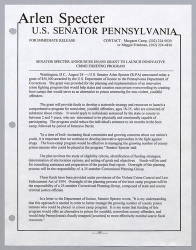 Senator Specter announces $50,000 grant to launch innovative crime fighting program
