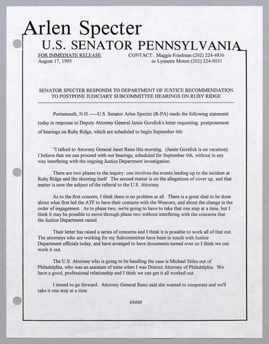 Senator Specter responds to Department of Justice recommendation to postpone judiciary subcommittee hearings on Ruby Ridge