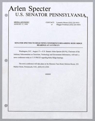 Senator Specter to hold news conference regarding Ruby Ridge hearings at 3:15 pm ET