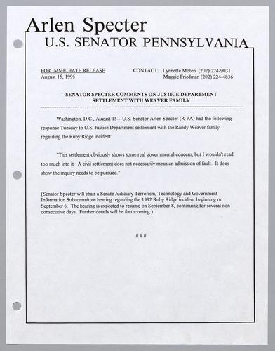 Senator Specter comments on Justice Department settlement with Weaver family