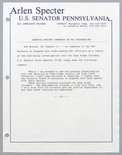 Senator Specter comments on FBI suspensions