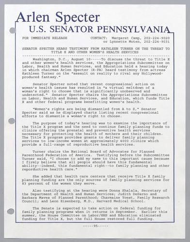 Senator Specter hears testimony from Kathleen Turner on the threat to Title X and other women's health services