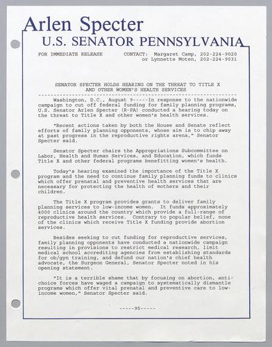 Senator Specter holds hearing on the threat to Title X and other women's health services