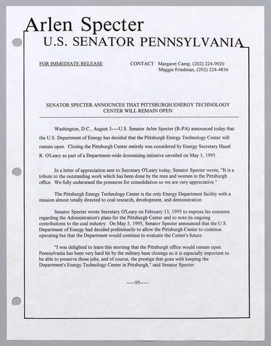 Senator Specter announces that Pittsburgh Energy Technology Center will remain open