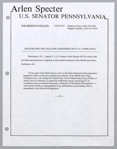 Senator Specter calls for assessment of P.L.O. compliance