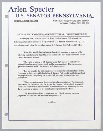Specter reacts to Boxer Amendment vote on Packwood hearings