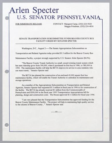 Senate transportation subcommittee funds Beaver County bus facility urged by Senator Specter