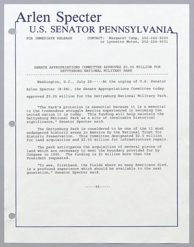 Senate Appropriations Committee approves $5.05 million for Gettysburg National Military Park