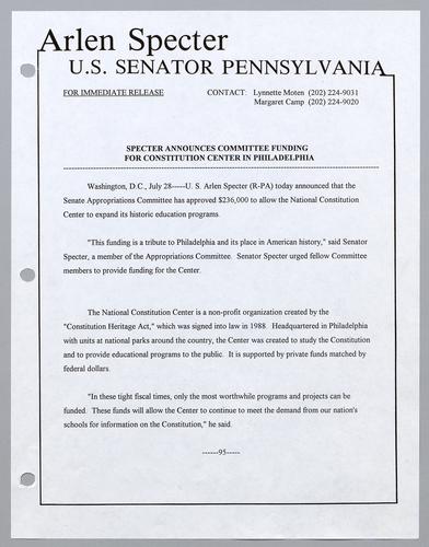 Specter announces committee funding for Constitutional Center in Philadelphia