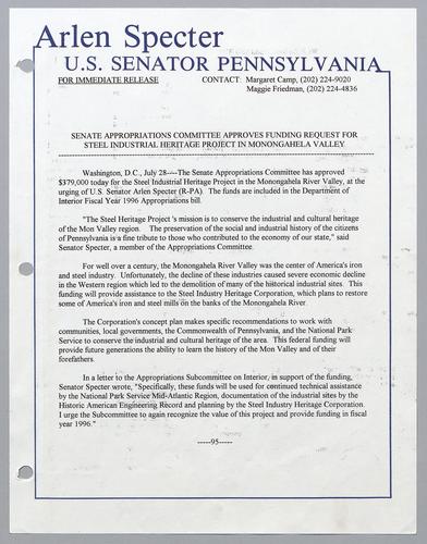 Senate Appropriations Committee approves funding request for steel industrial heritage project in Monongahela Valley