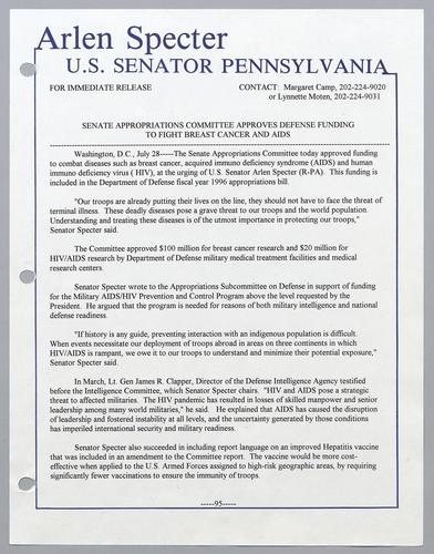 Senate Appropriations Committee approves defense funding to fight breast cancer and AIDS