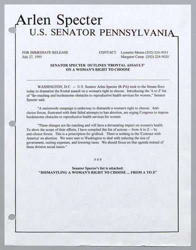 Senator Specter outlines "frontal assault" on a woman's right to choose