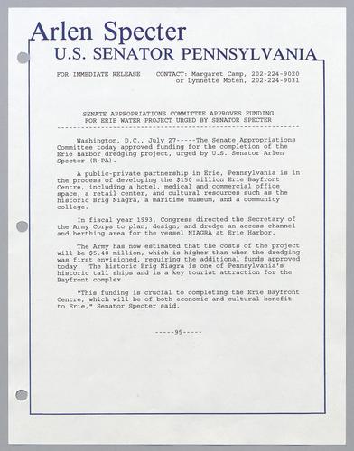 Senate Appropriations Committee approves funding for Erie water project urged by Senator Specter