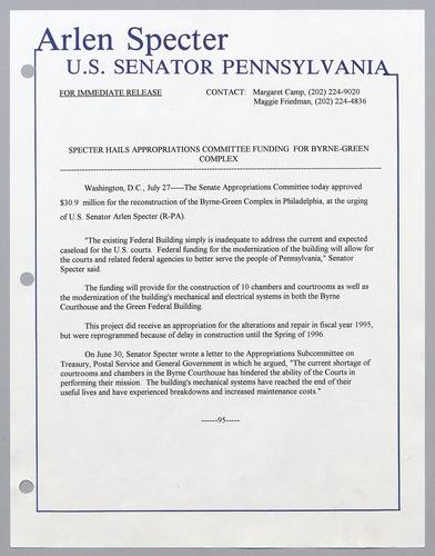 Specter hails appropriations committee funding for Byrne-Green Complex