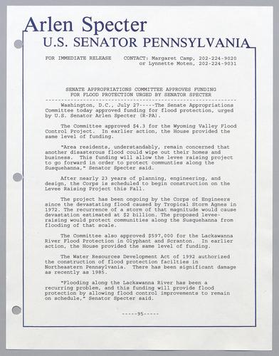 Senate Appropriations Committee approves funding for flood protection urged by Senator Specter