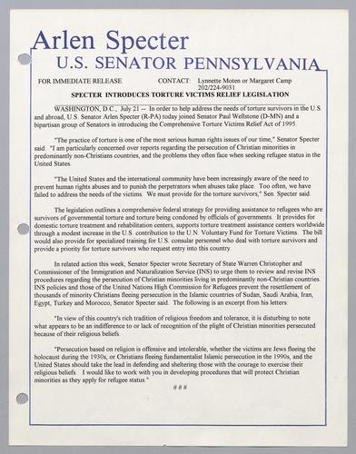 Specter introduces torture victims relief legislation