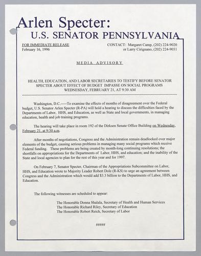 Health, Education, and Labor Secretaries to testify before Senator Specter about effect of budget impasse on social programs on February 21