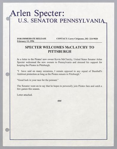 Specter welcomes McClatchy to Pittsburgh