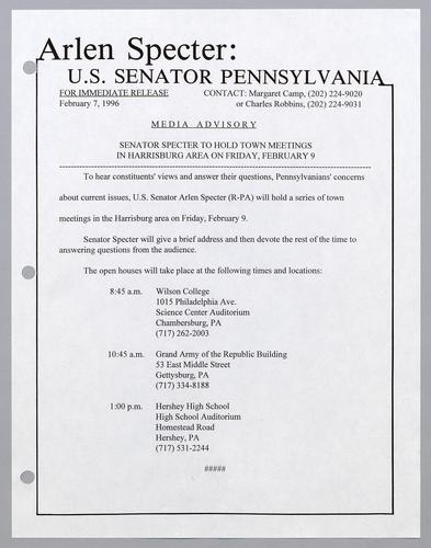 Senator Specter to hold town meetings in Harrisburg area on Friday