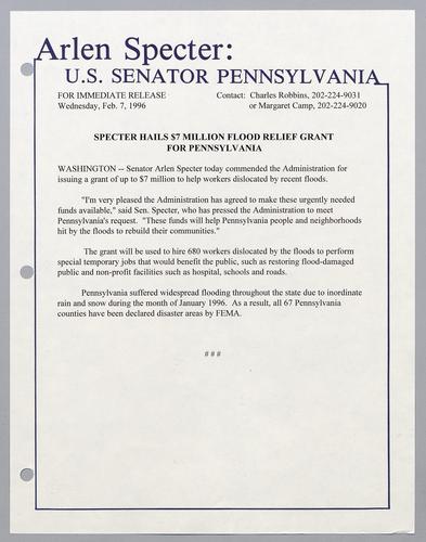 Specter hails $7 million flood relief grant of Pennsylvania