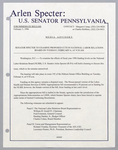 Senator Specter to examine proposed cuts in National Labor Relations Board on Tuesday