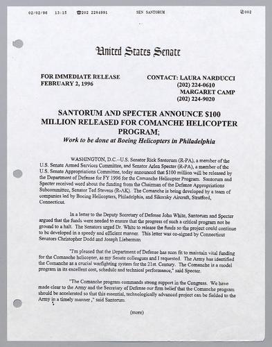 Santorum and Specter announce $100 million released for Comanche helicopter program