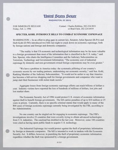 Specter, Kohl introduce bills to combat economic espionage