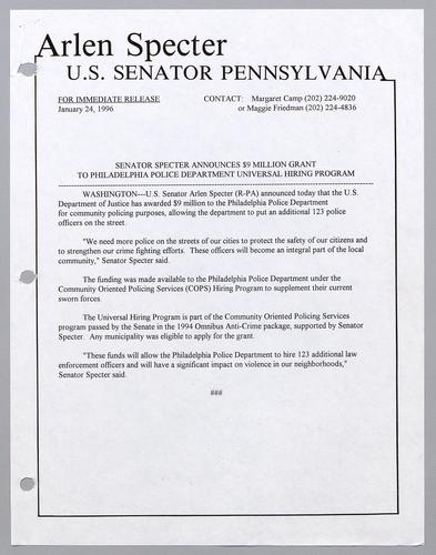 Senator Specter announces $9 million grant to Philadelphia Police Department universal hiring program