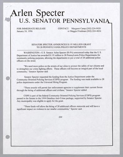 Senator Specter announces $1.95 million grant to 28 Pennsylvania police departments