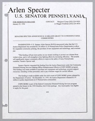 Senator Specter announces $1.36 million grant to 30 Pennsylvania communities