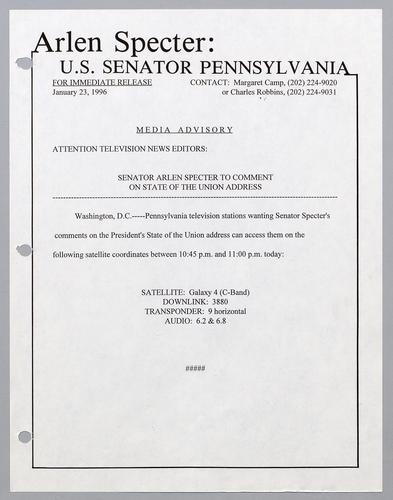 Senator Arlen Specter to comment on State of the Union Address