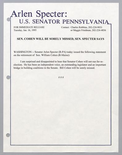 Senator Cohen will be sorely missed, Senator Specter says