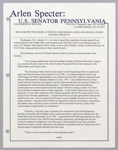 Senator Specter urges action on Susquehanna and Lackawanna flood control project