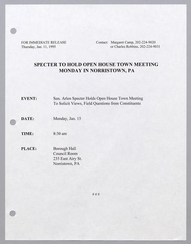 Specter to hold open house town meeting Monday in Norristown, Pennsylvania