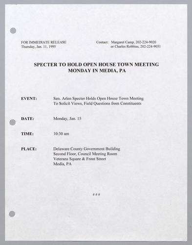 Specter to hold open house town meeting Monday in Media, Pennsylvania