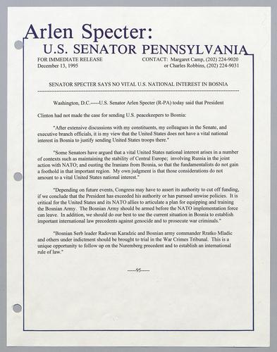 Senator Specter says no vital U.S. national interest in Bosnia