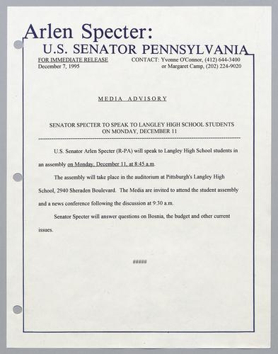 Senator Specter to speak to Langley High School students on Monday, December 11