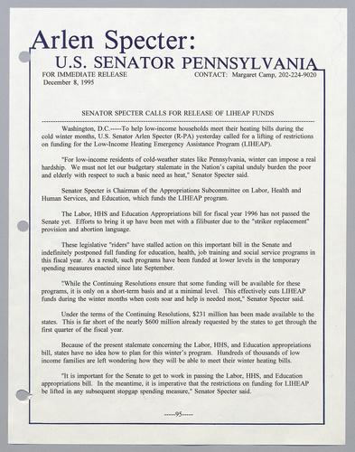 Senator Specter calls for release of LIHEAP funds