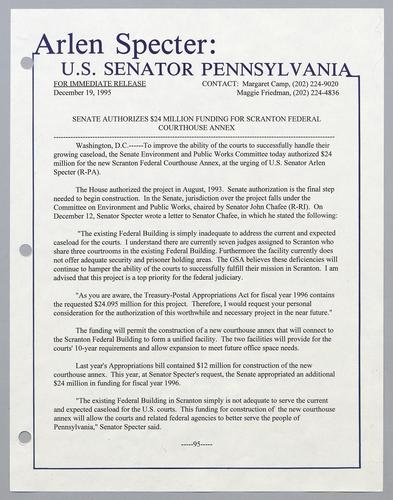 Senator Specter authorizes $24 million funding for Scranton Federal Courthouse annex