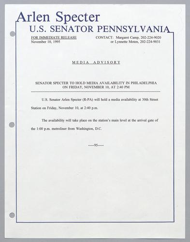 Senator Specter to hold media availability in Philadelphia on Friday