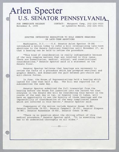 Specter introduces resolution to hold Senate hearings on late-term abortions