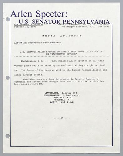 U.S. Senator Arlen Specter to take viewer phone calls tonight on "Washington Hotline,"